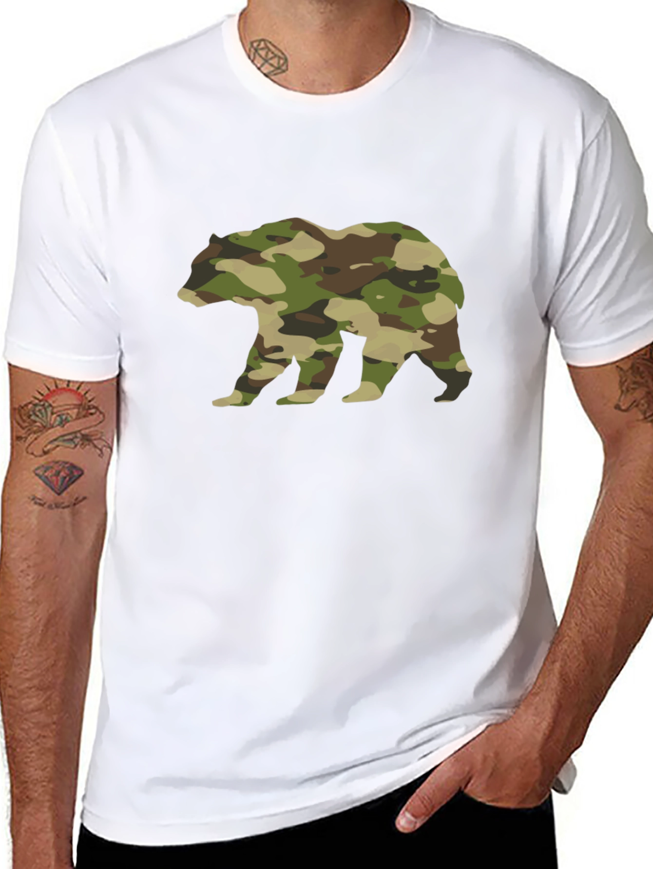Camo Bear Graphic Tee - Black Cotton Casual Shirt