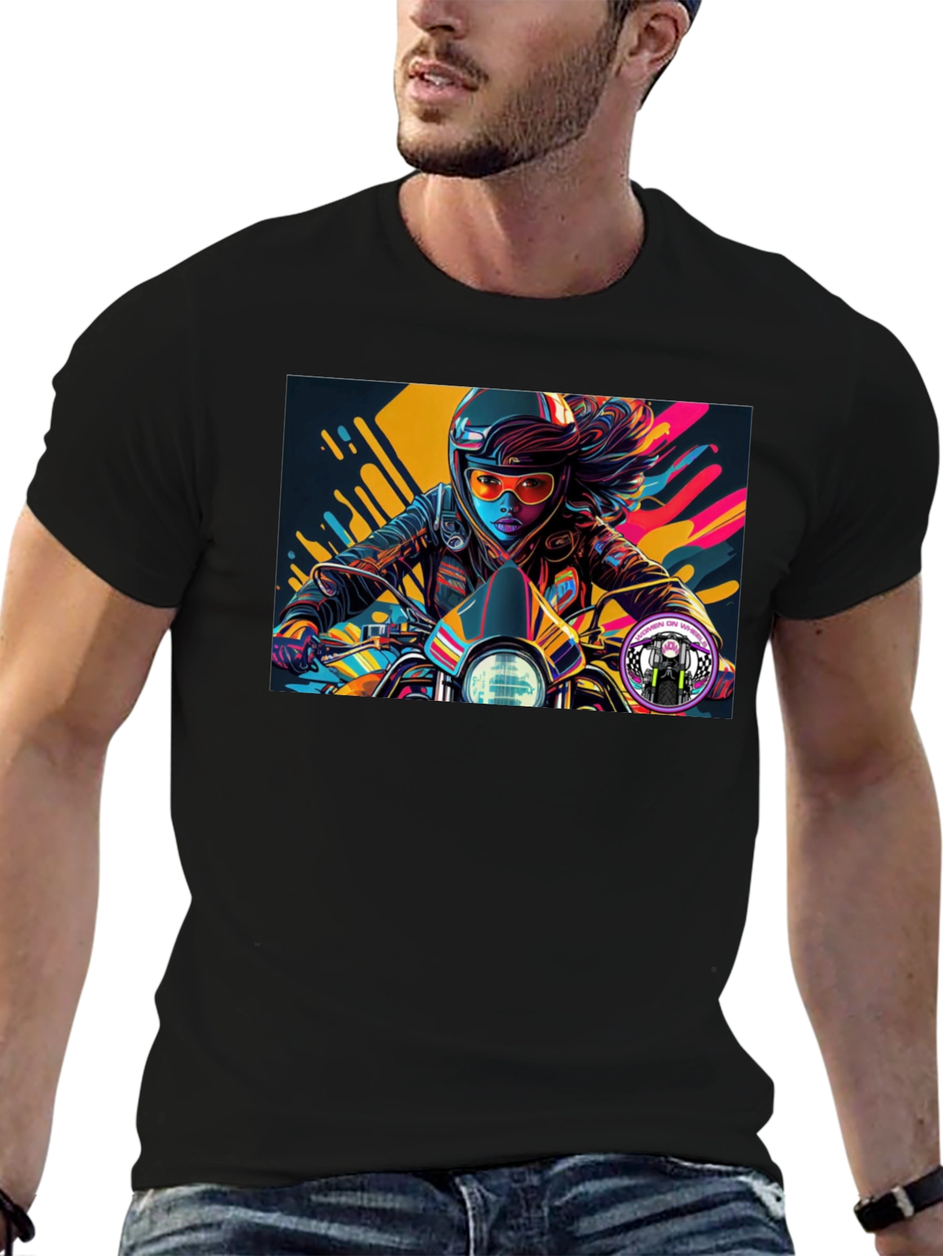 Biker Girl Graphic Tee - Black Cotton T-Shirt