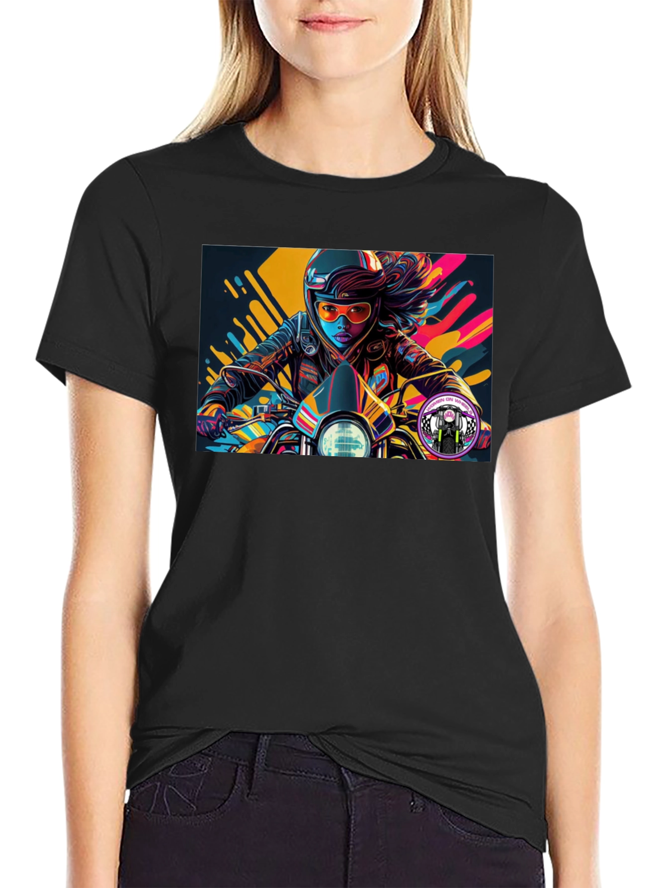 Biker Girl Graphic Tee - Black Cotton T-Shirt