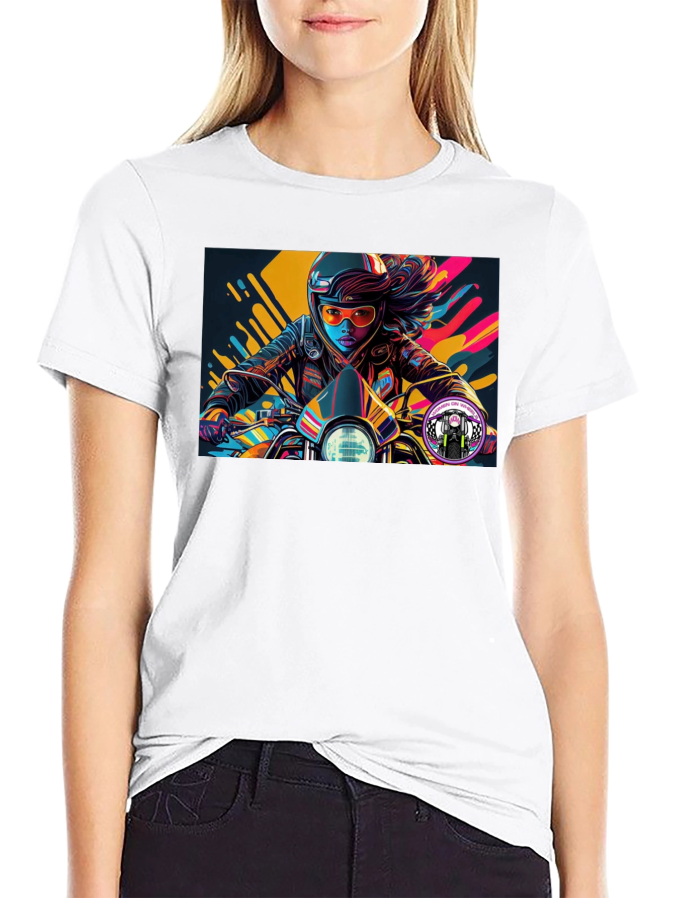 Biker Girl Graphic Tee - Black Cotton T-Shirt