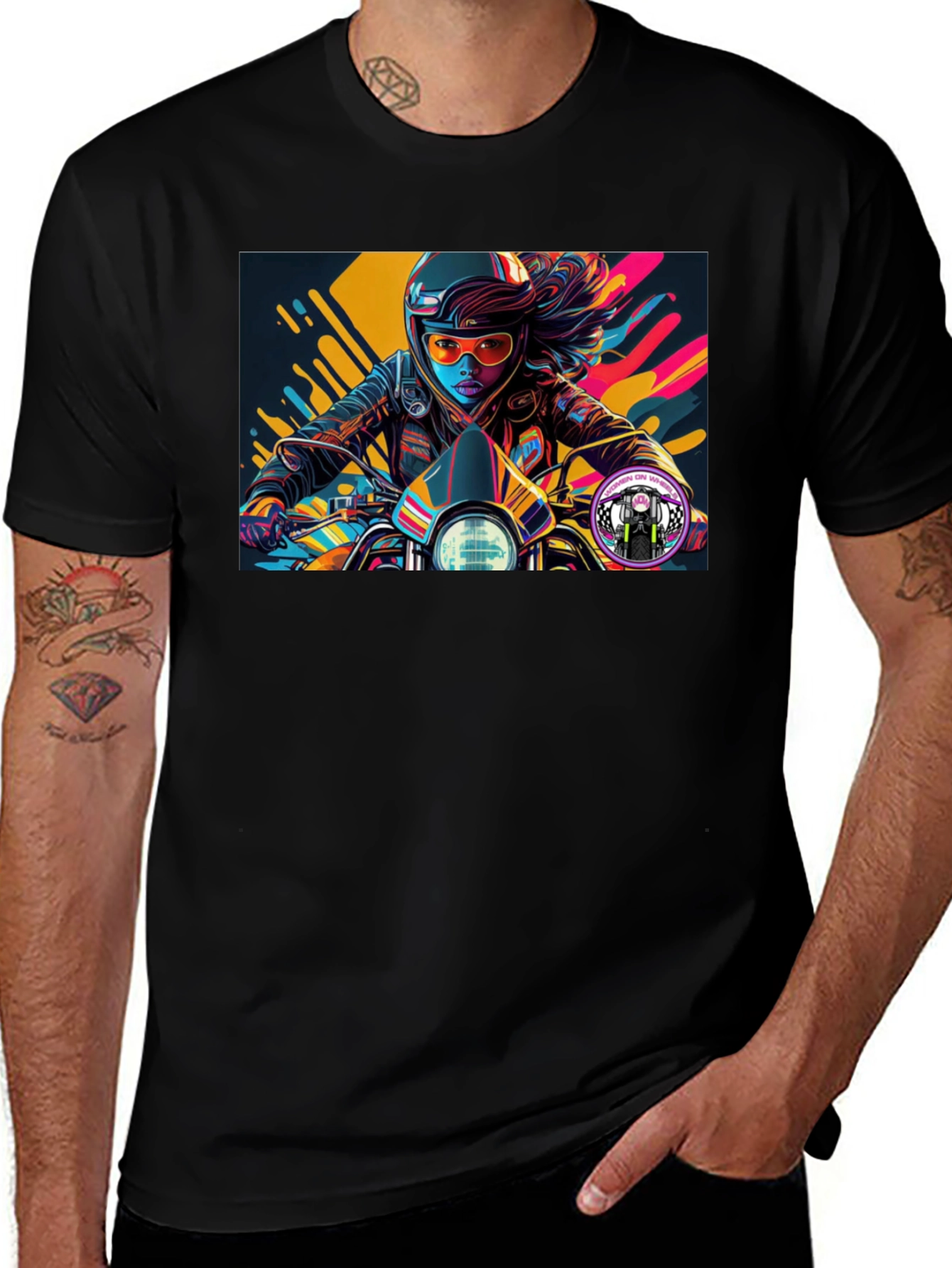 Biker Girl Graphic Tee - Black Cotton T-Shirt