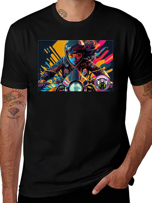 Biker Girl Graphic Tee - Black Cotton T-Shirt