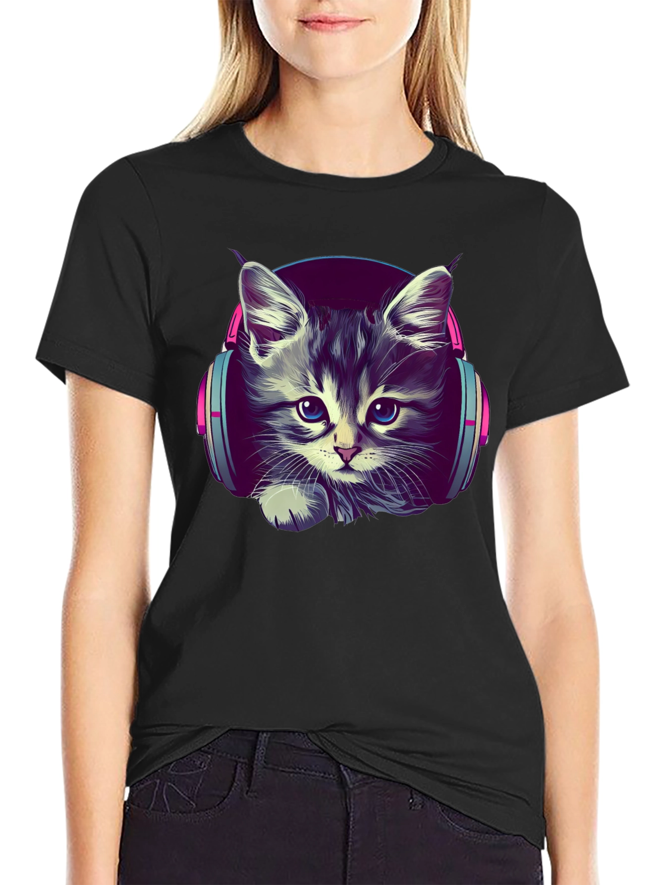 Kitten DJ Graphic Tee - Cool Cat Headphones T-Shirt