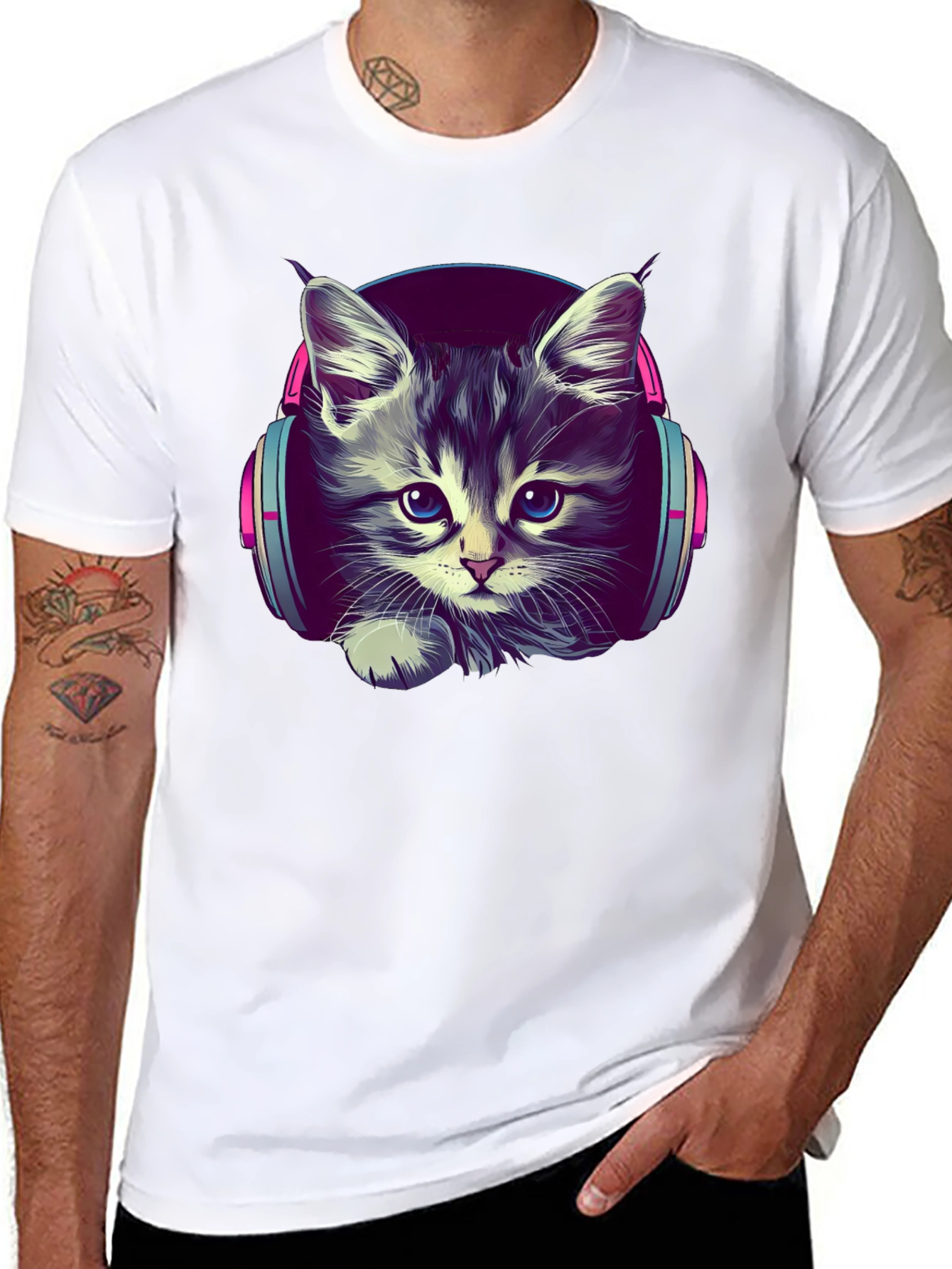 Kitten DJ Graphic Tee - Cool Cat Headphones T-Shirt