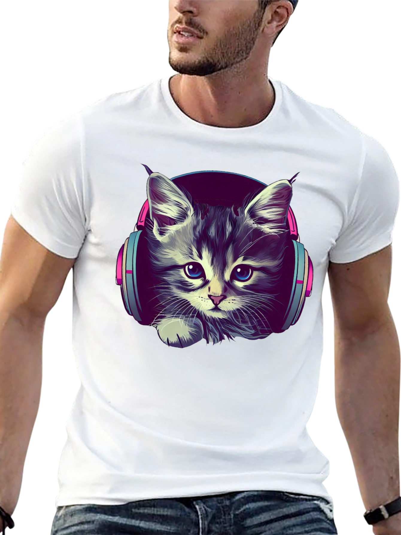 Kitten DJ Graphic Tee - Cool Cat Headphones T-Shirt