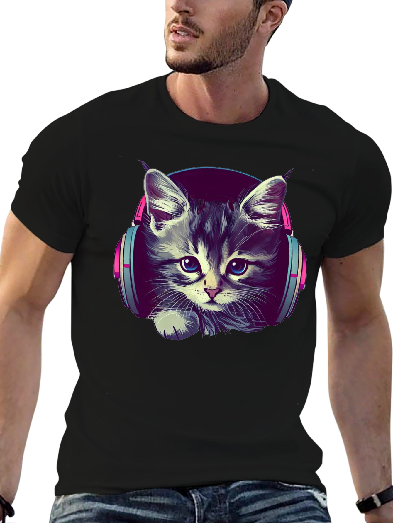 Kitten DJ Graphic Tee - Cool Cat Headphones T-Shirt