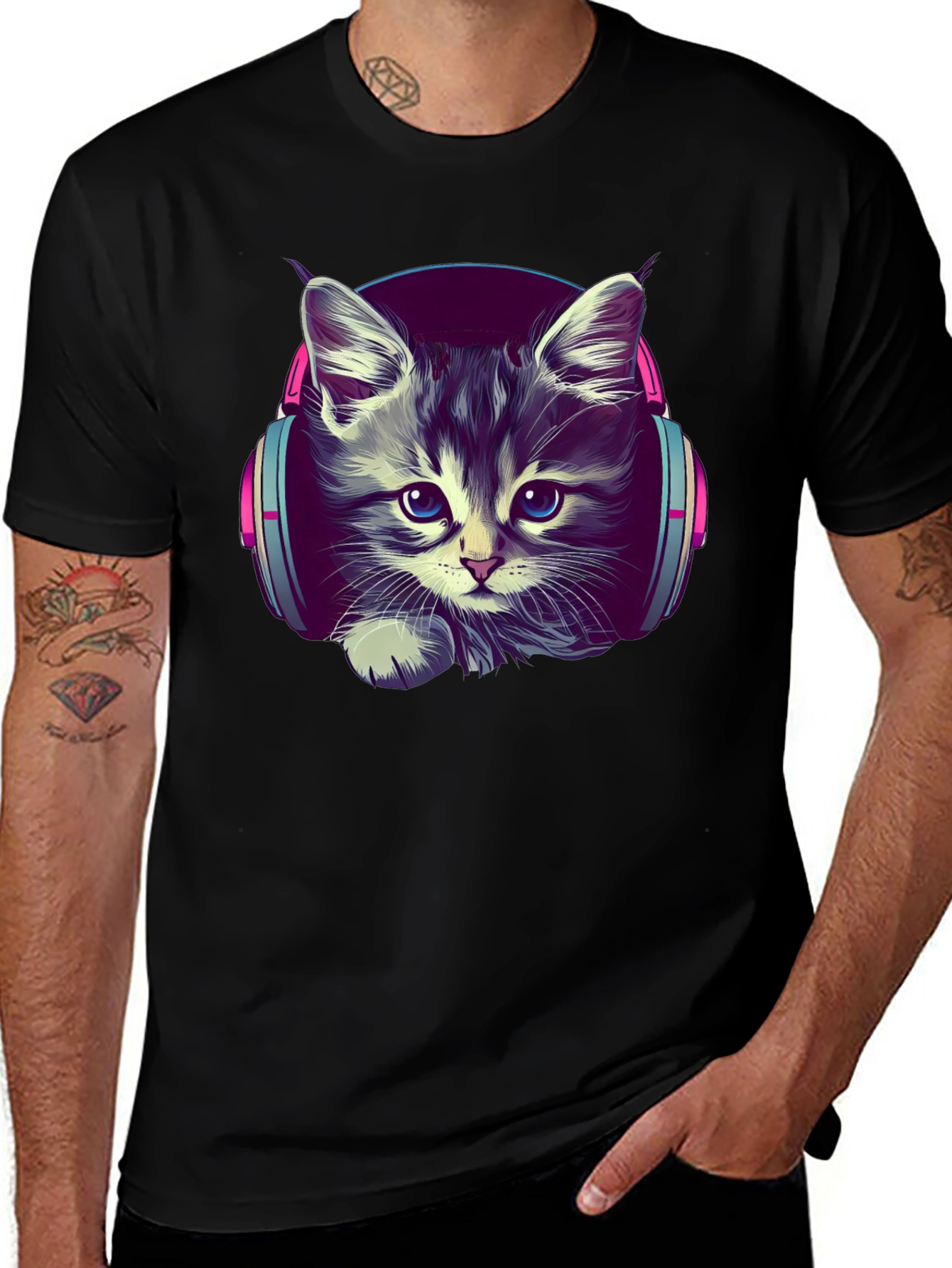 Kitten DJ Graphic Tee - Cool Cat Headphones T-Shirt