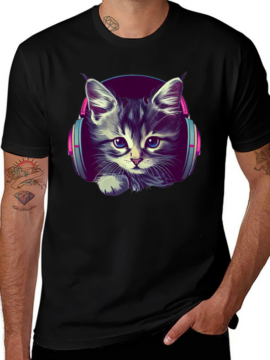 Kitten DJ Graphic Tee - Cool Cat Headphones T-Shirt