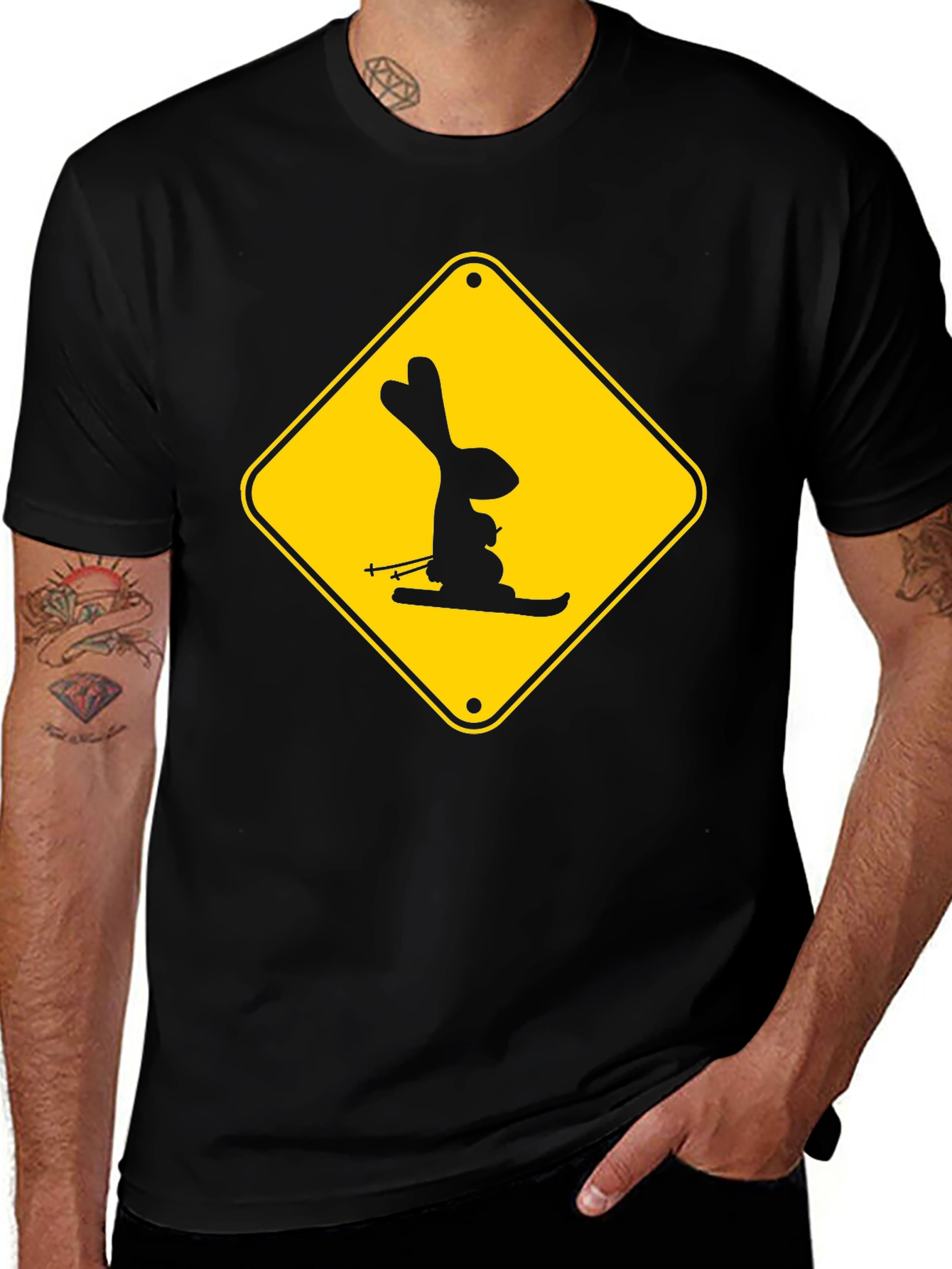 Skiing Rabbit Sign T-Shirt - Black Cotton Tee