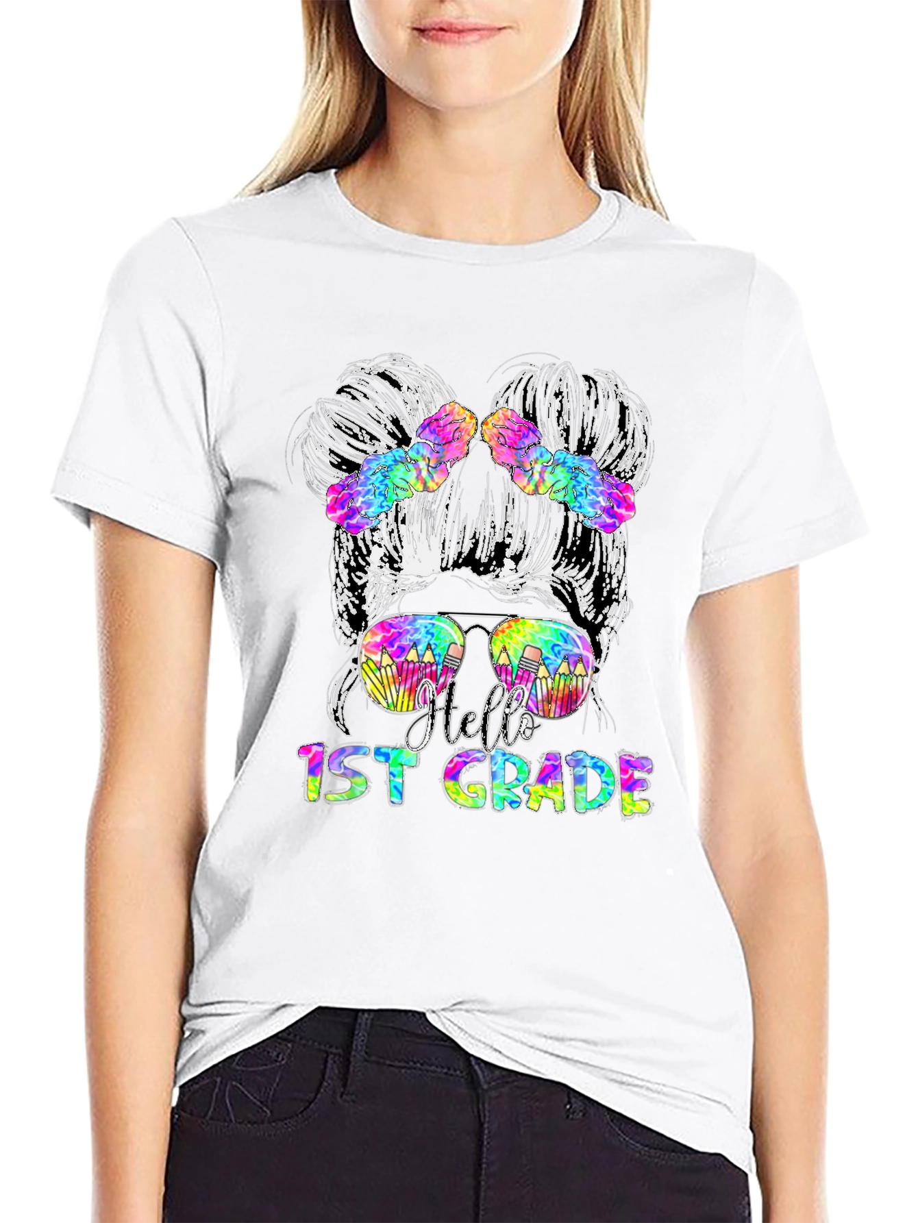 Hello 1st Grade Messy Bun Teacher T-Shirt