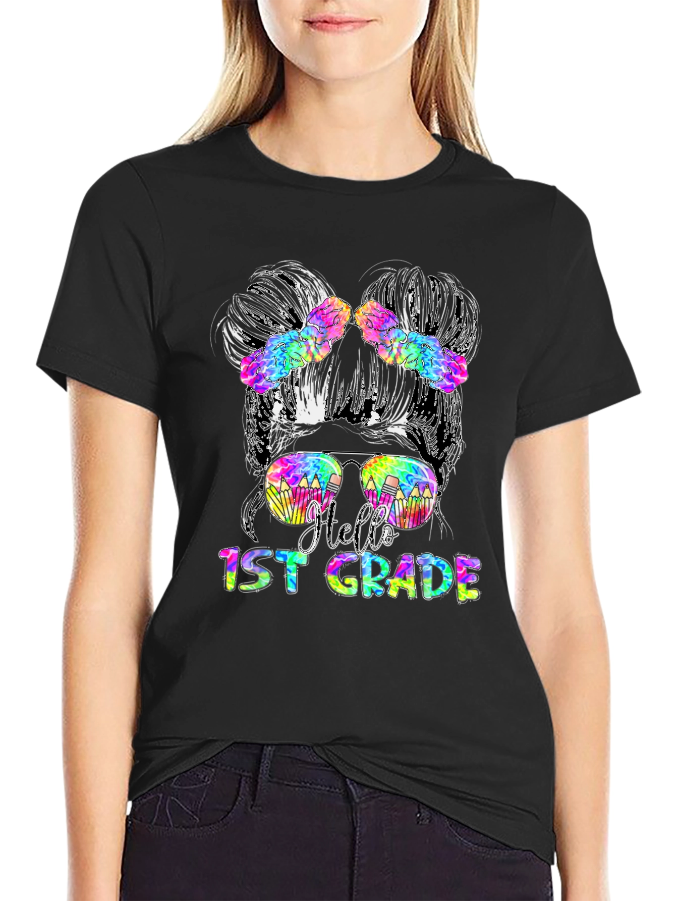Hello 1st Grade Messy Bun Teacher T-Shirt
