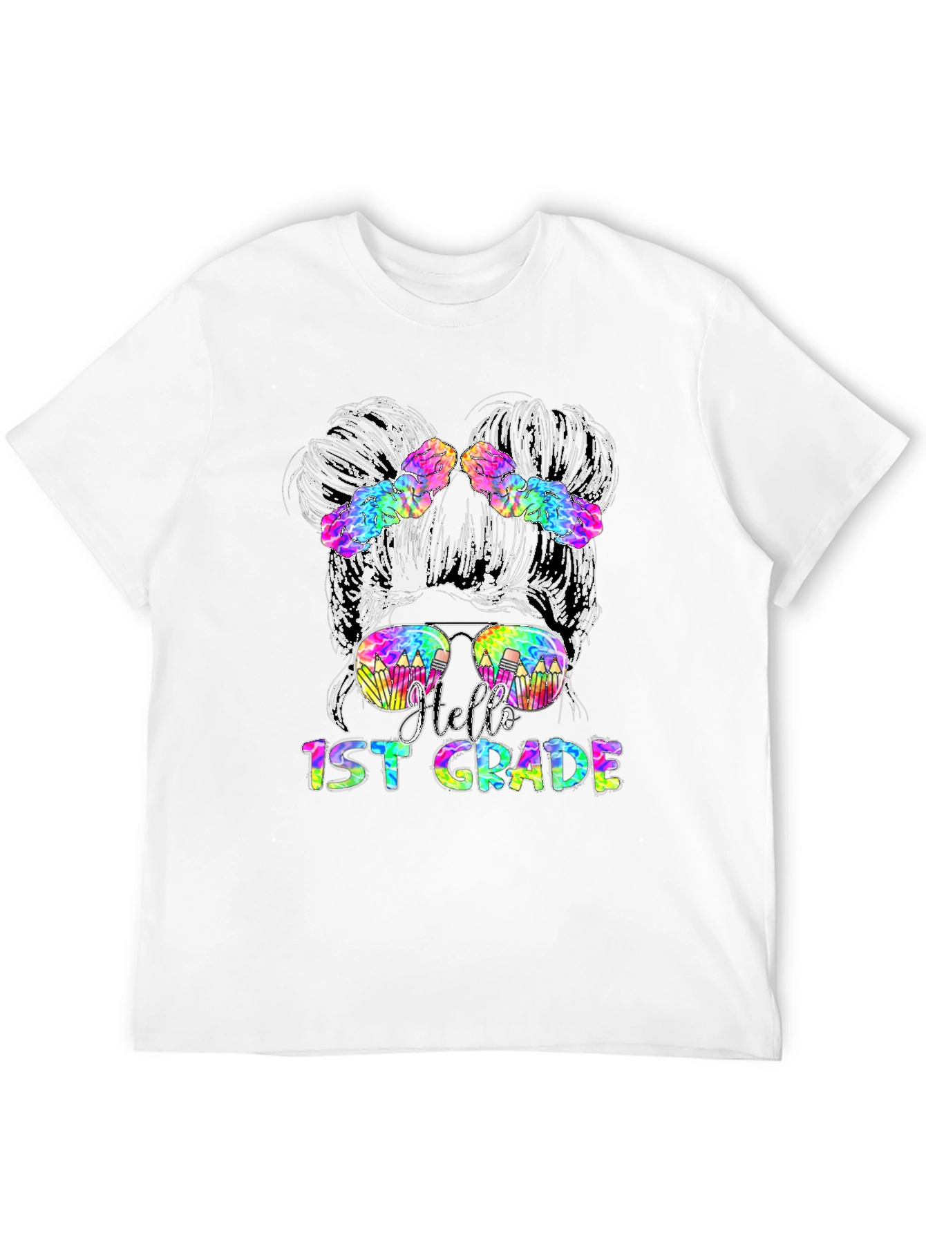 Hello 1st Grade Messy Bun Teacher T-Shirt