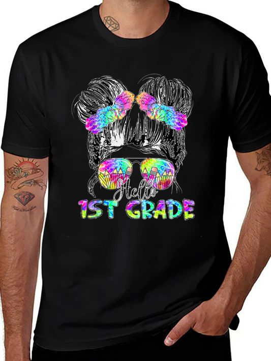 Hello 1st Grade Messy Bun Teacher T-Shirt