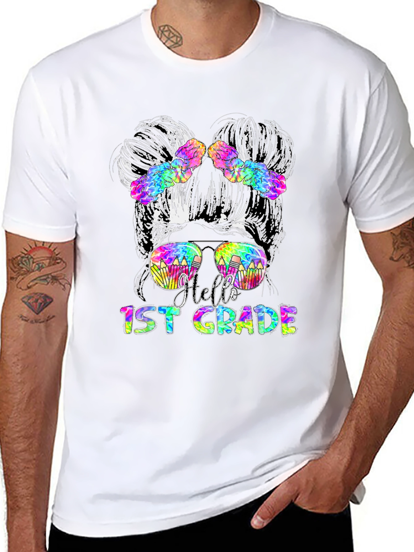 Hello 1st Grade Messy Bun Teacher T-Shirt