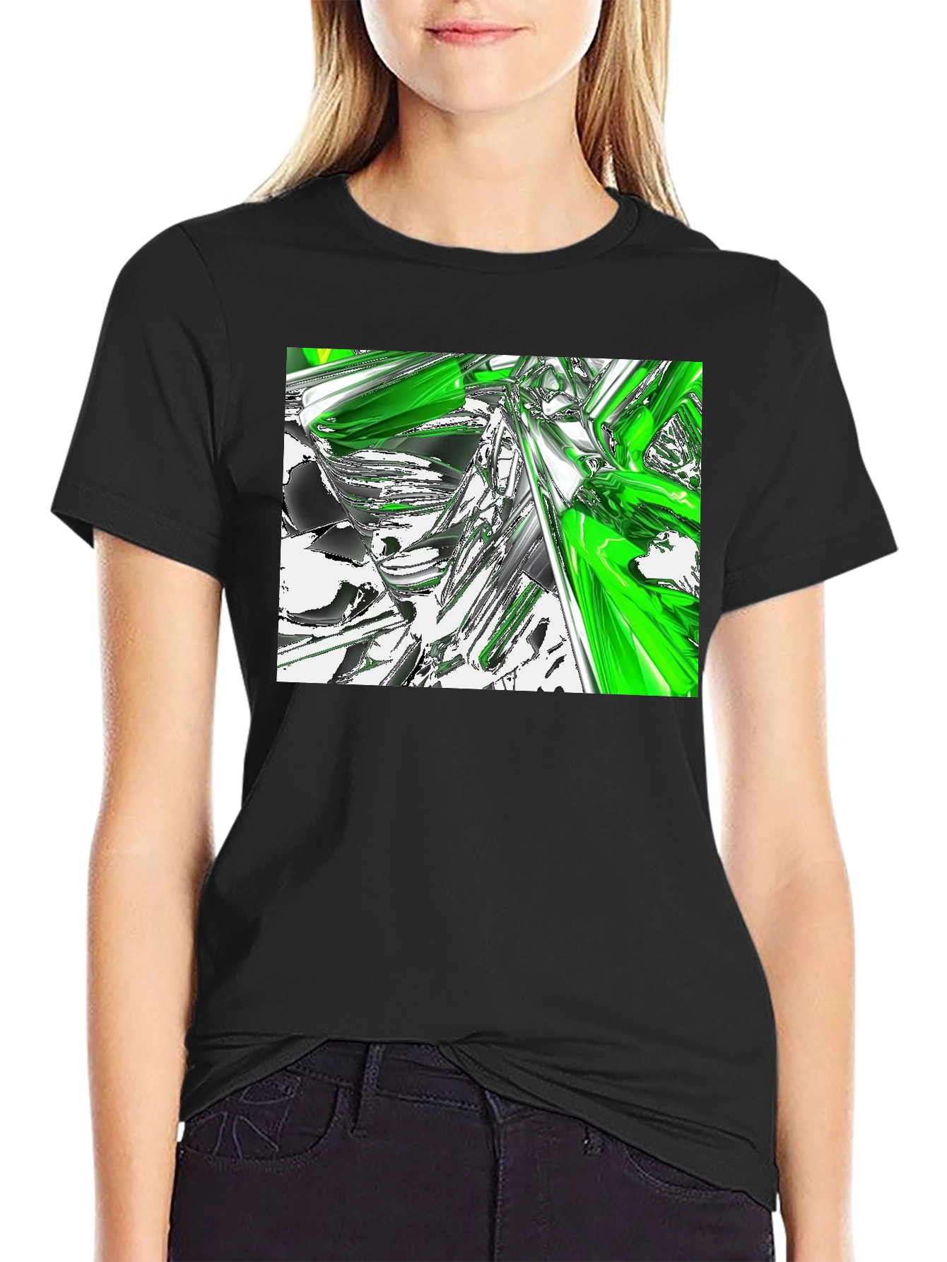 Abstract Green & Chrome Graphic Black T-Shirt