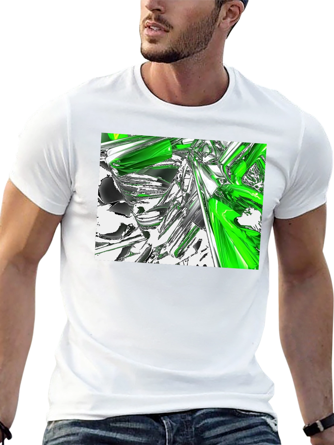 Abstract Green & Chrome Graphic Black T-Shirt