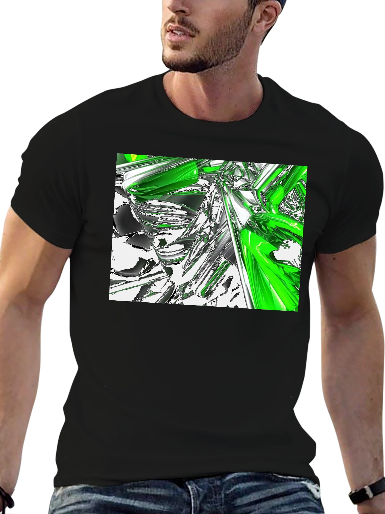 Abstract Green & Chrome Graphic Black T-Shirt