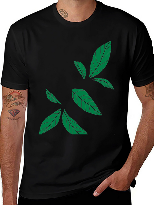 Green Leaf Print Black T-Shirt - Casual Style