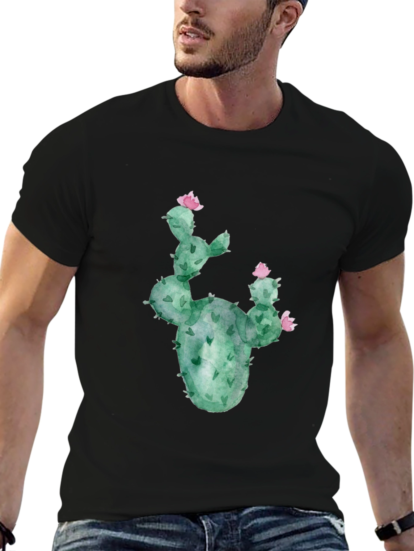 Cactus Flower Graphic Tee - Black Cotton T-Shirt