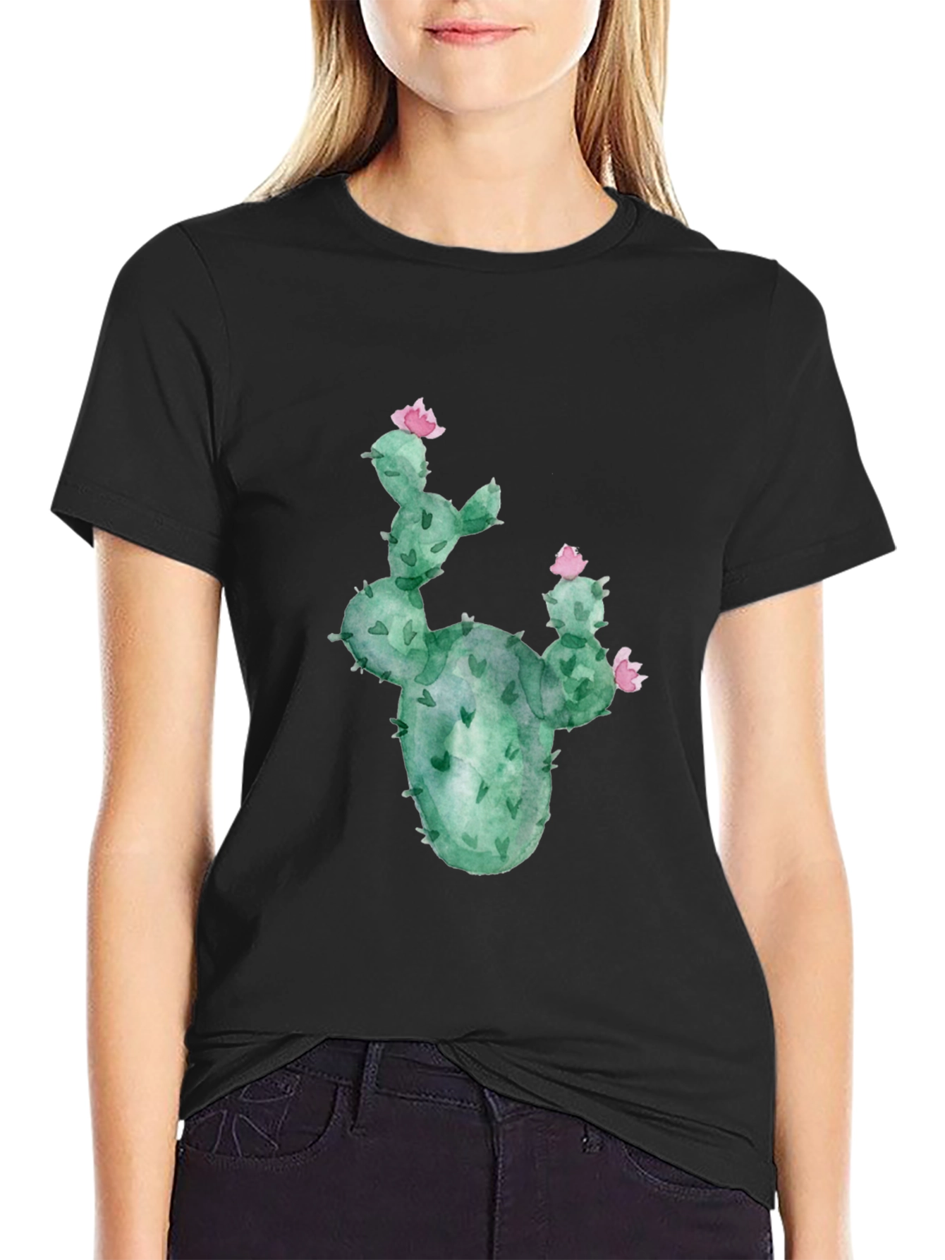 Cactus Flower Graphic Tee - Black Cotton T-Shirt