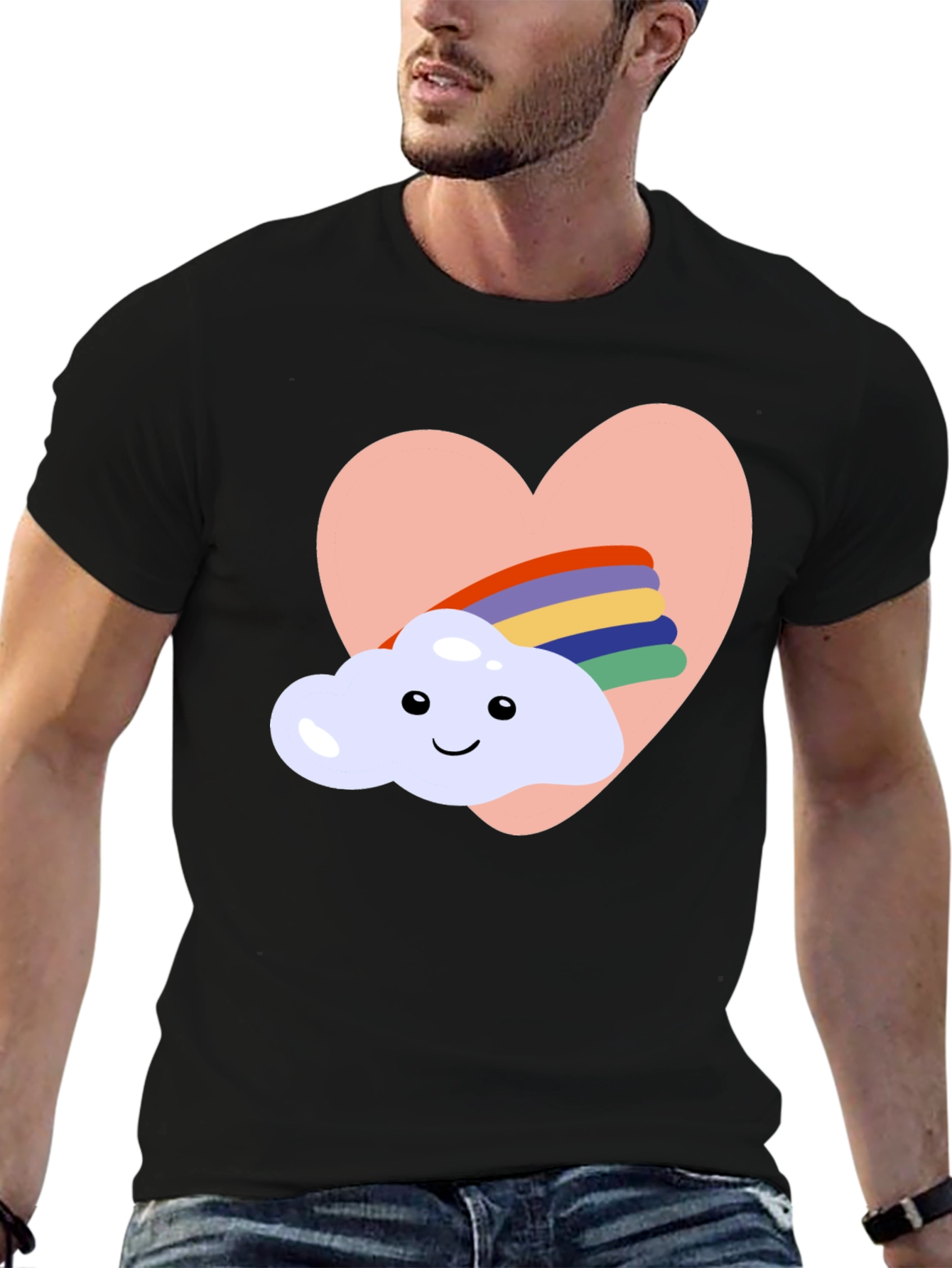 Heart Cloud Rainbow Graphic Tee - Black Casual T-Shirt