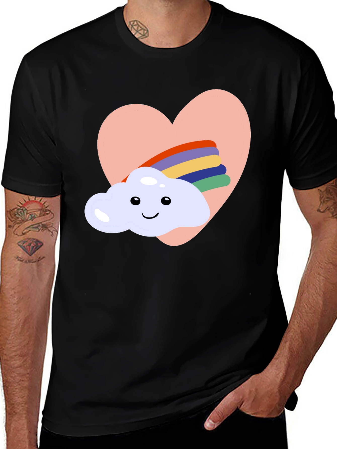 Heart Cloud Rainbow Graphic Tee - Black Casual T-Shirt