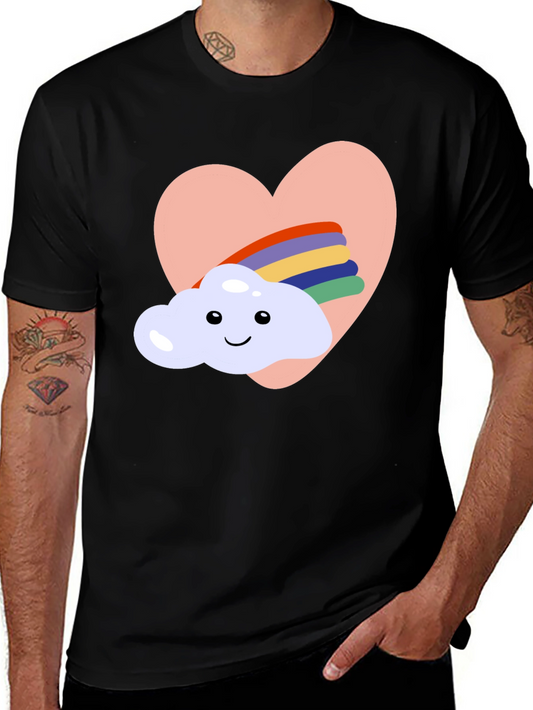 Heart Cloud Rainbow Graphic Tee - Black Casual T-Shirt