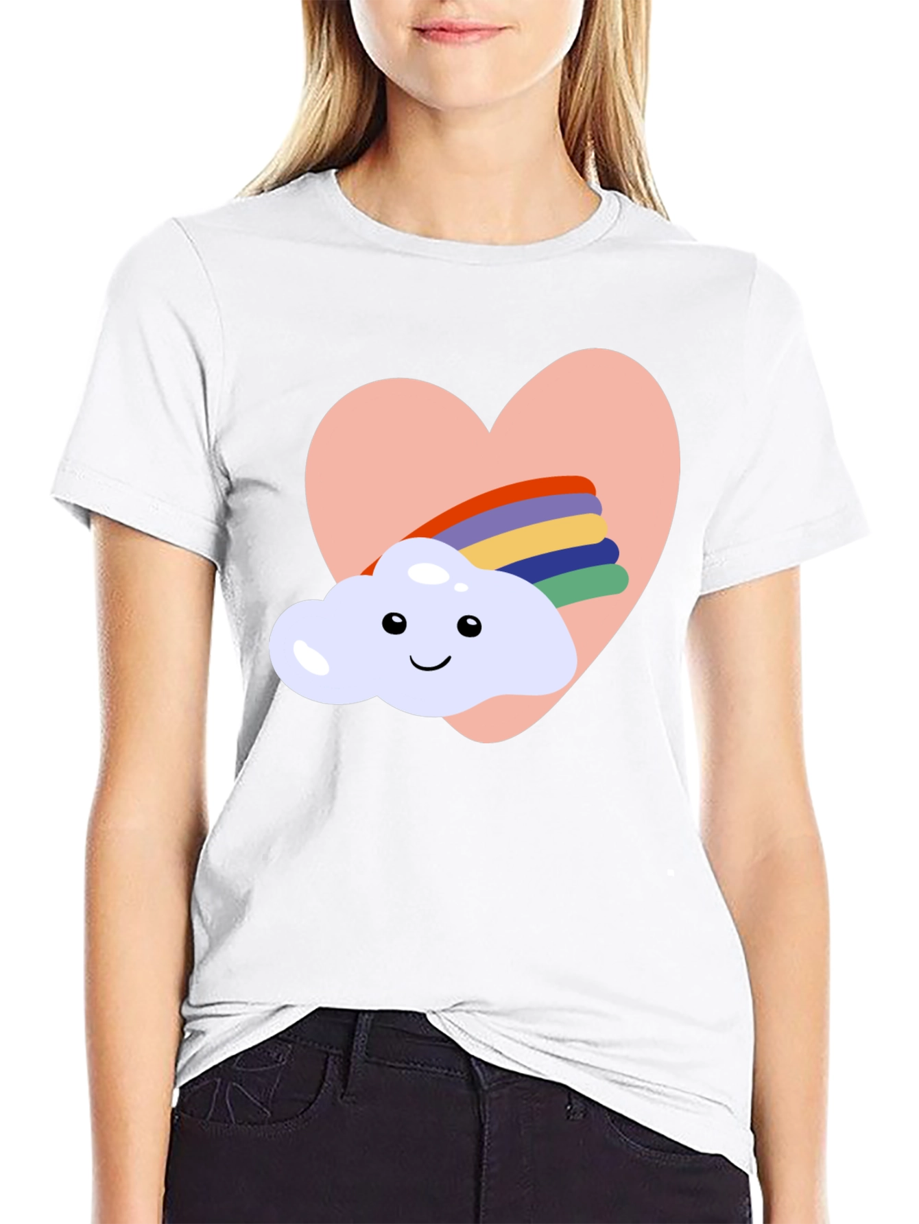 Heart Cloud Rainbow Graphic Tee - Black Casual T-Shirt
