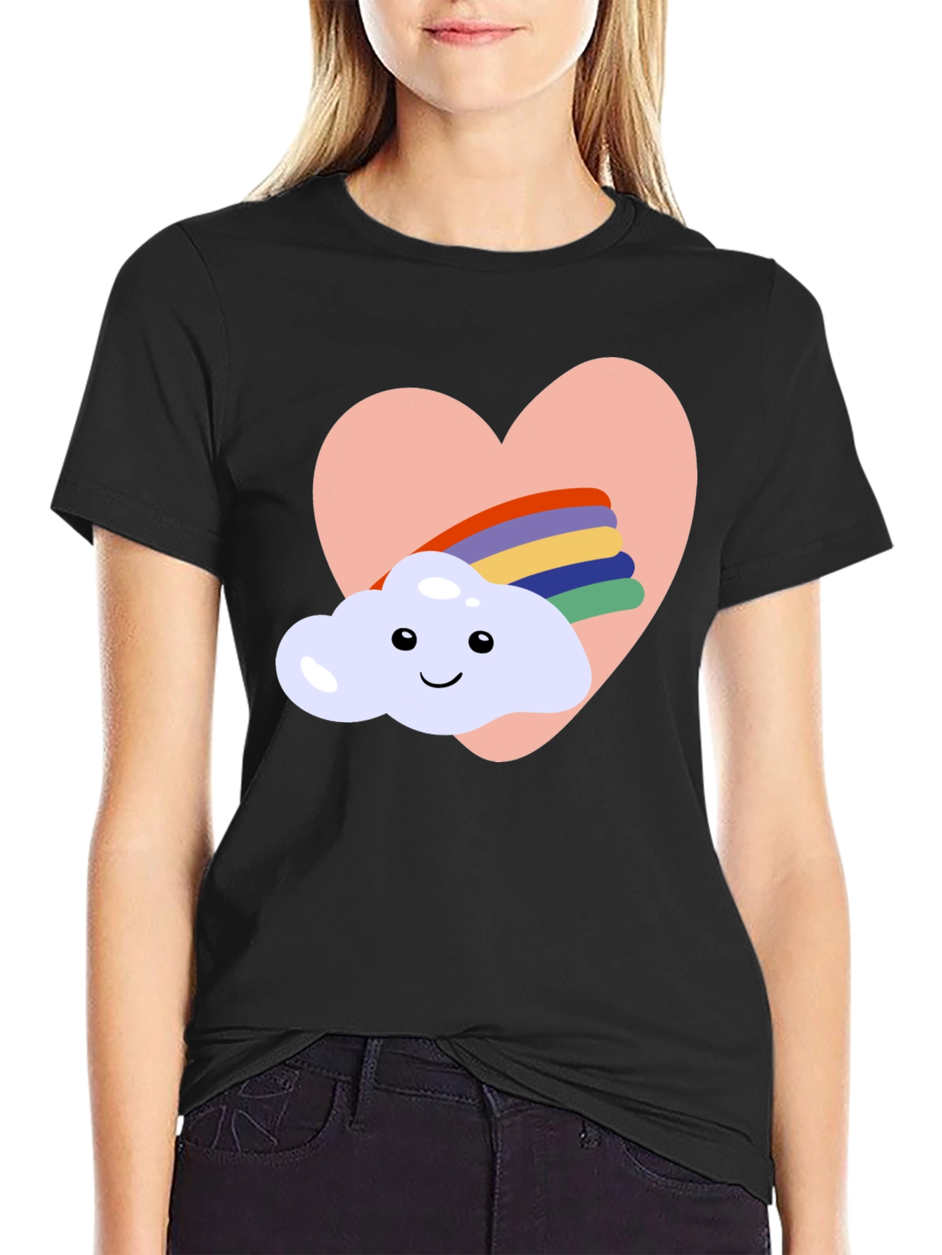 Heart Cloud Rainbow Graphic Tee - Black Casual T-Shirt