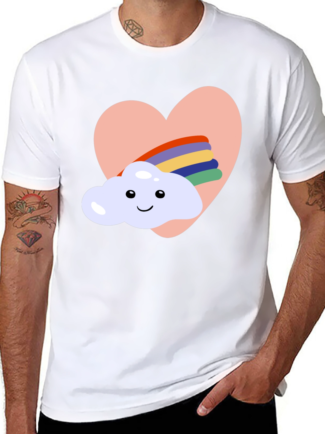 Heart Cloud Rainbow Graphic Tee - Black Casual T-Shirt