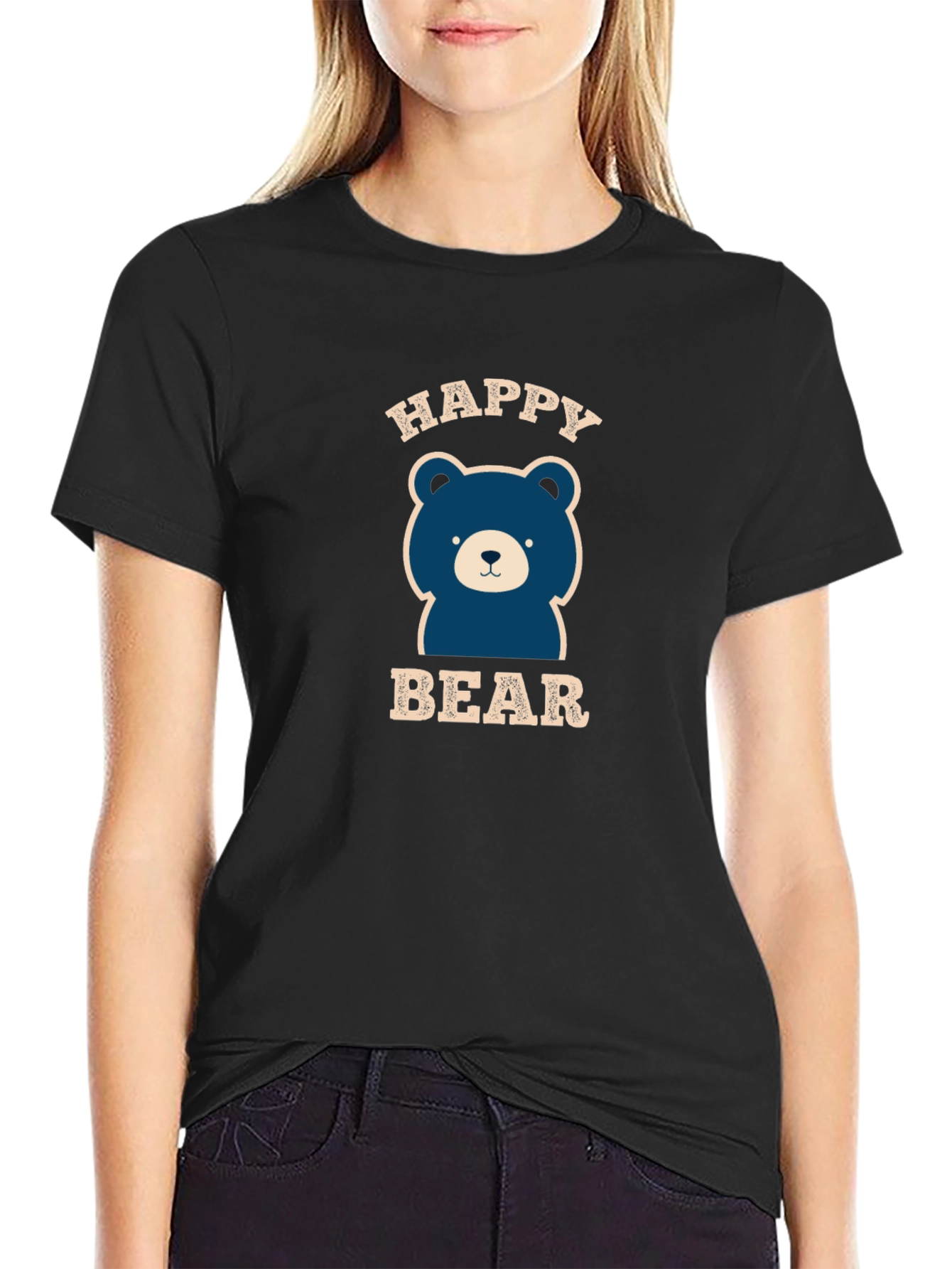 Happy Bear Graphic Tee - Black Cotton Blend