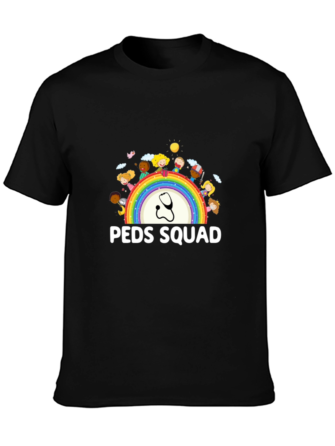 Peds Squad T-Shirt: Pediatrician Rainbow Stethoscope Tee