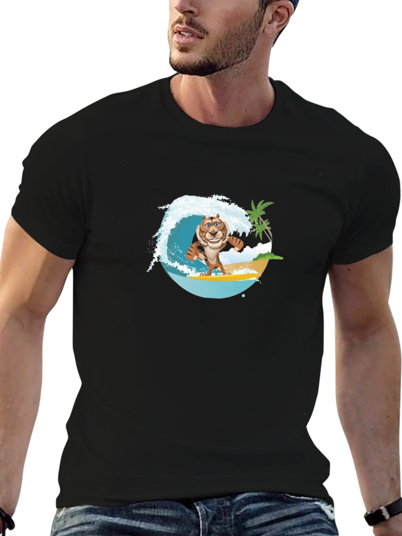 Surfing Tiger Graphic Tee - Black