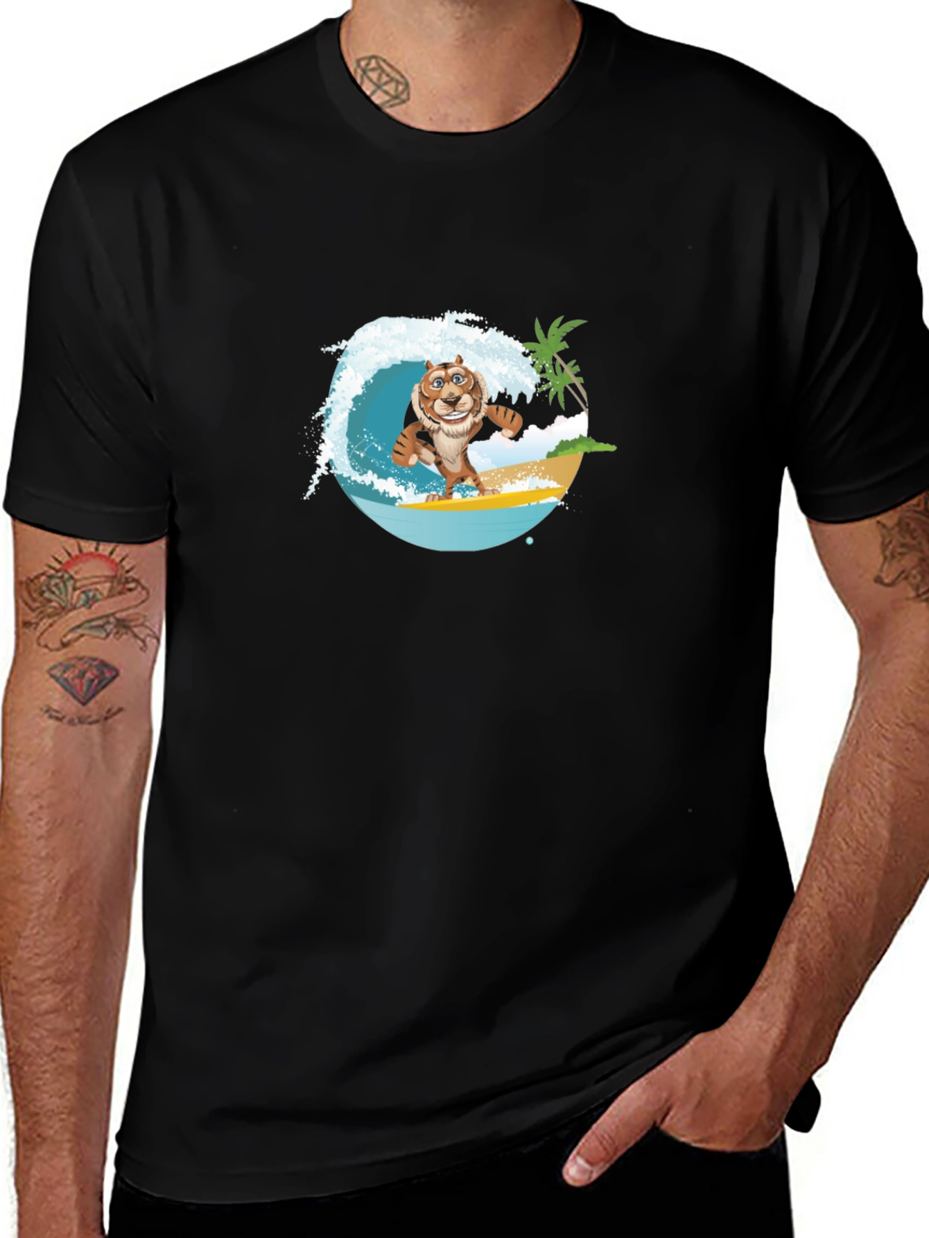 Surfing Tiger Graphic Tee - Black