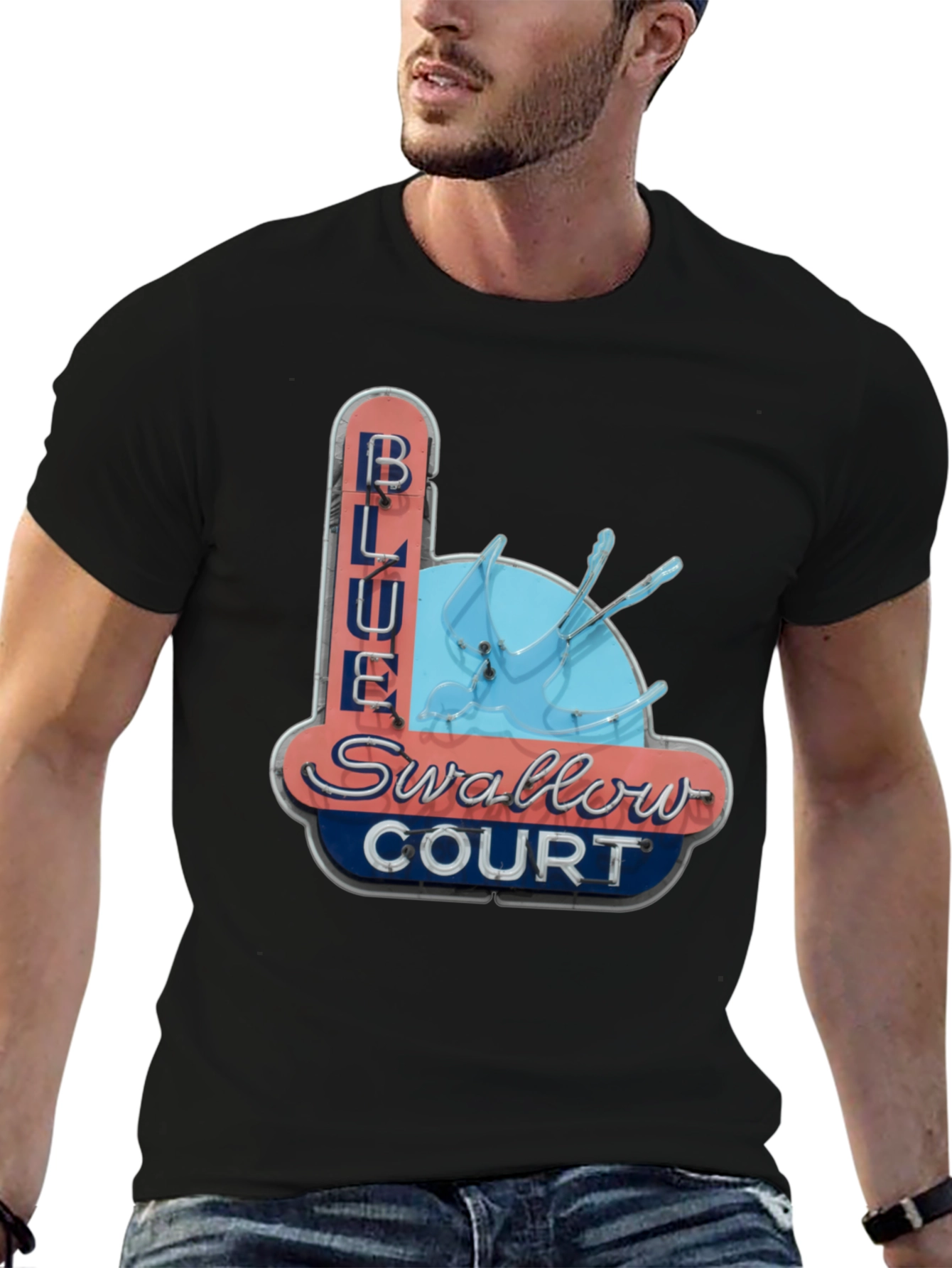 Blue Swallow Court T-Shirt - Retro Motel Tee