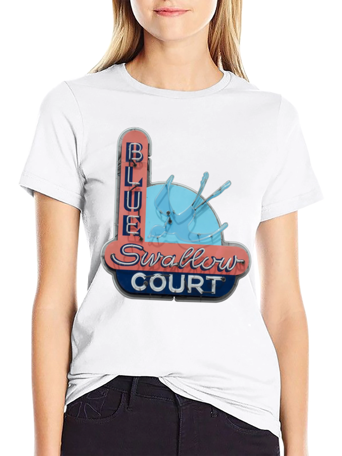 Blue Swallow Court T-Shirt - Retro Motel Tee