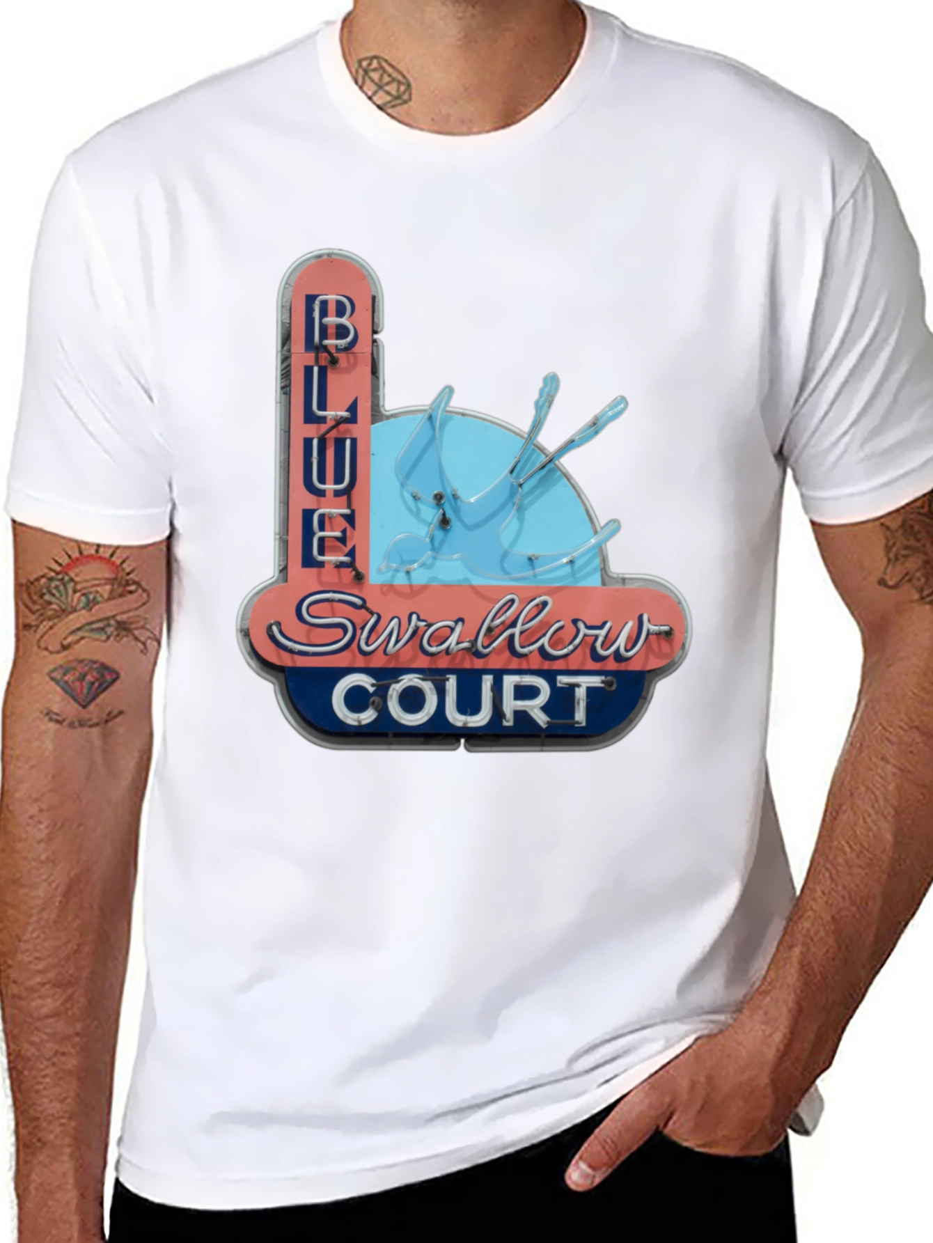 Blue Swallow Court T-Shirt - Retro Motel Tee