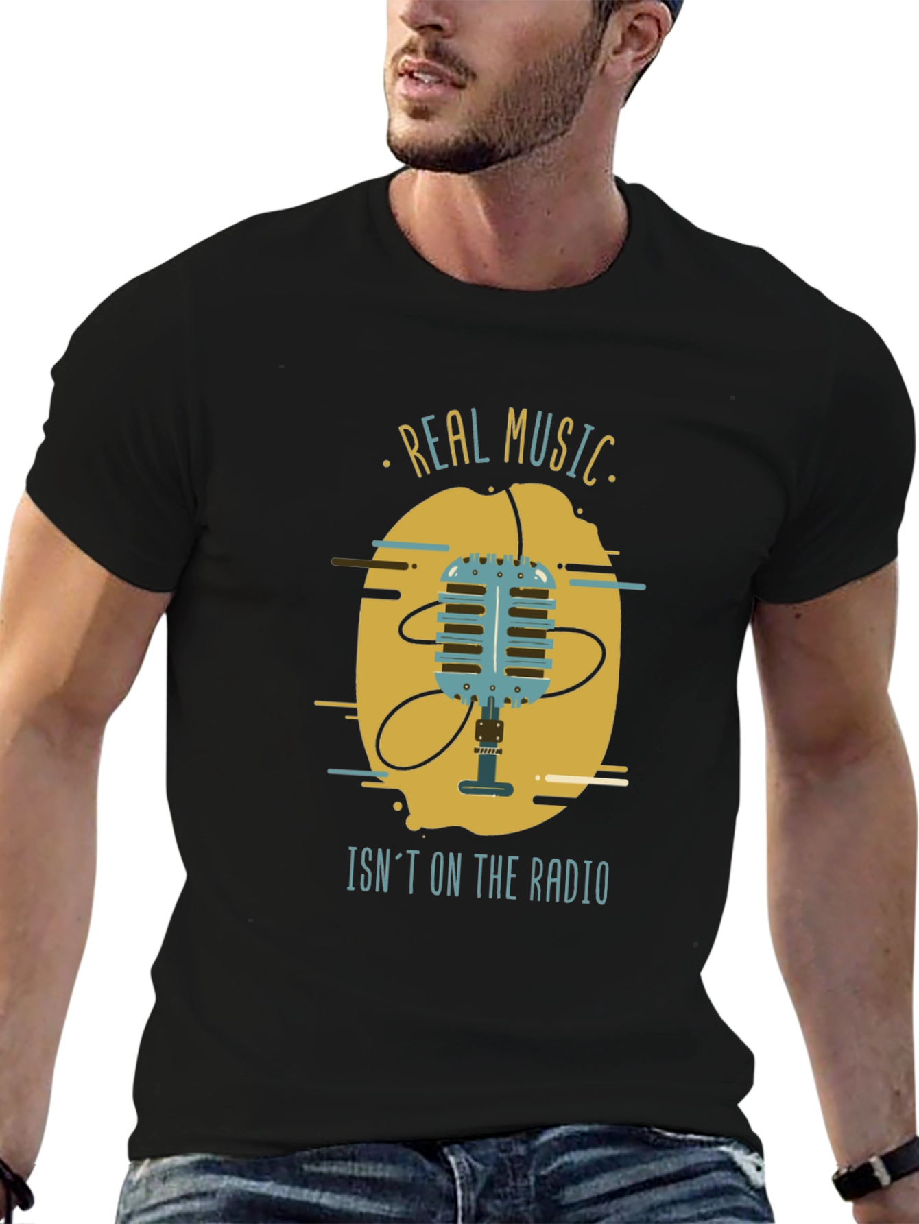 Real Music Mens Black Graphic T-Shirt