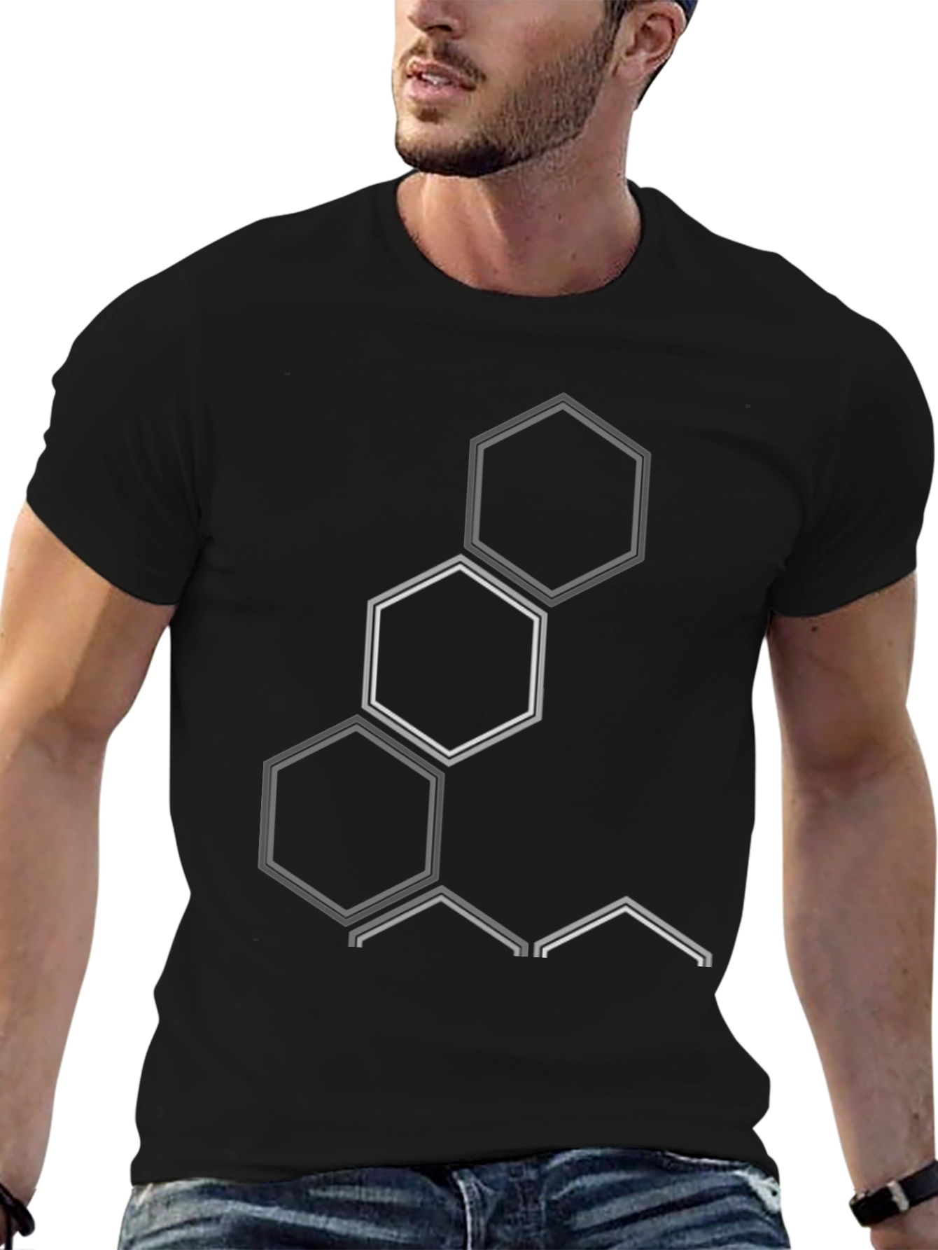 Geometric Hexagon Design Black T-Shirt
