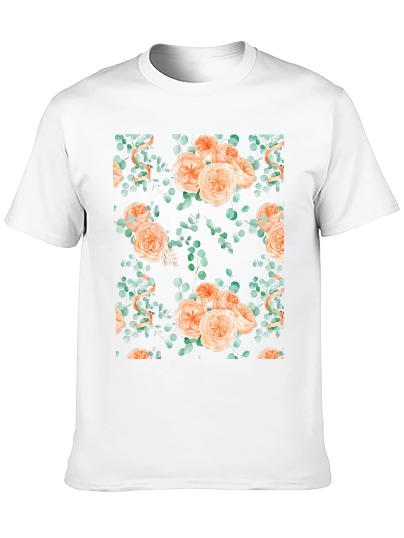 Floral Peach Rose Print Black T-Shirt