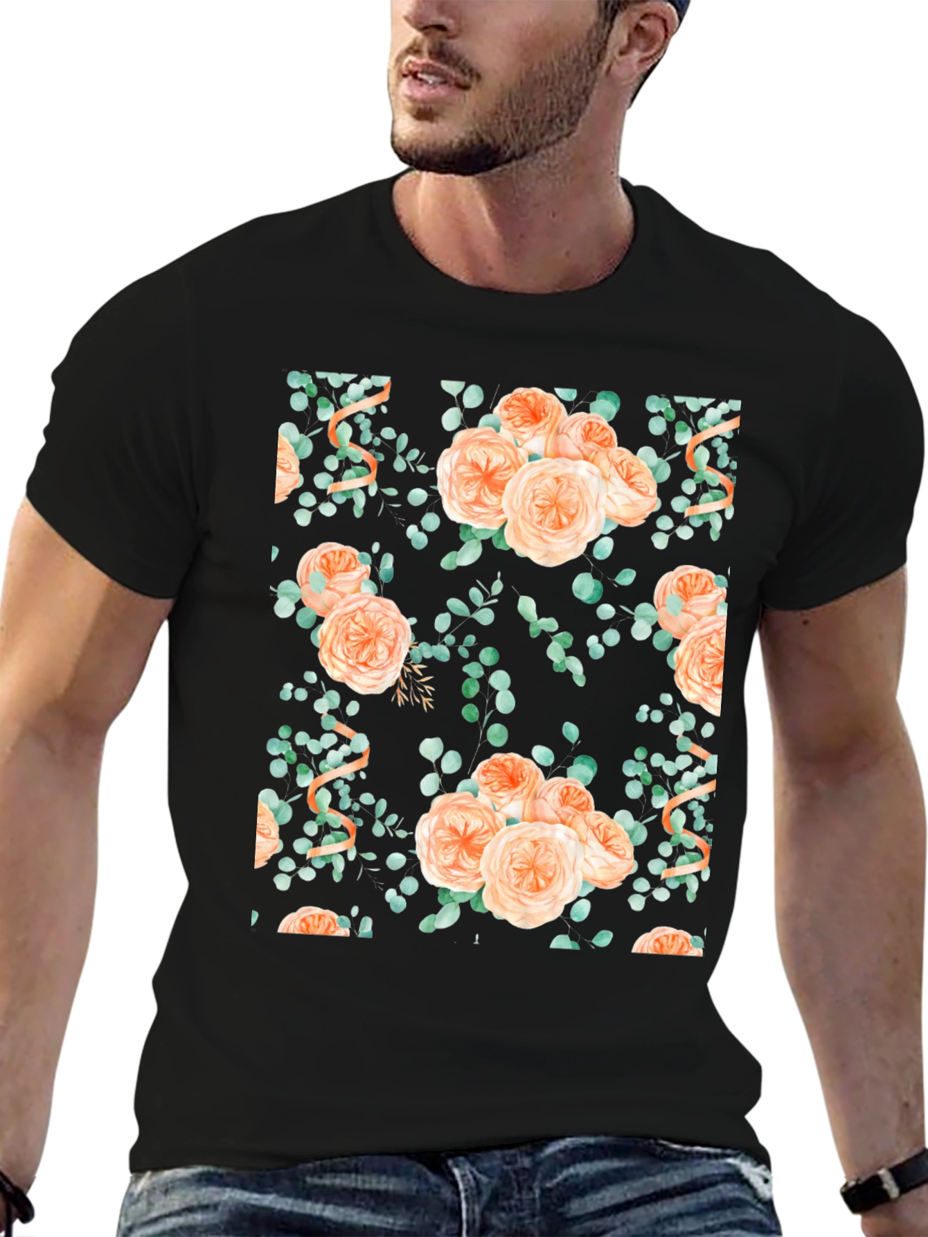 Floral Peach Rose Print Black T-Shirt