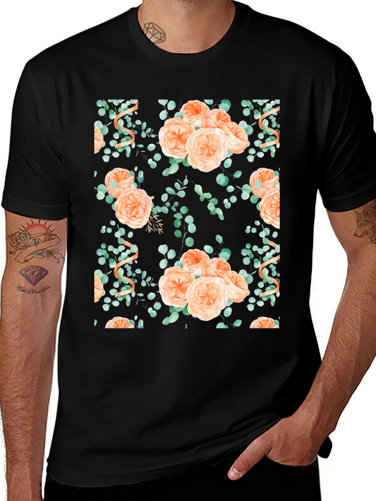 Floral Peach Rose Print Black T-Shirt
