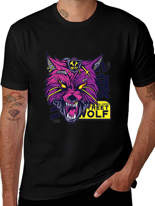 Cyberpunk Street Wolf Graphic T-Shirt - Black Cotton Tee