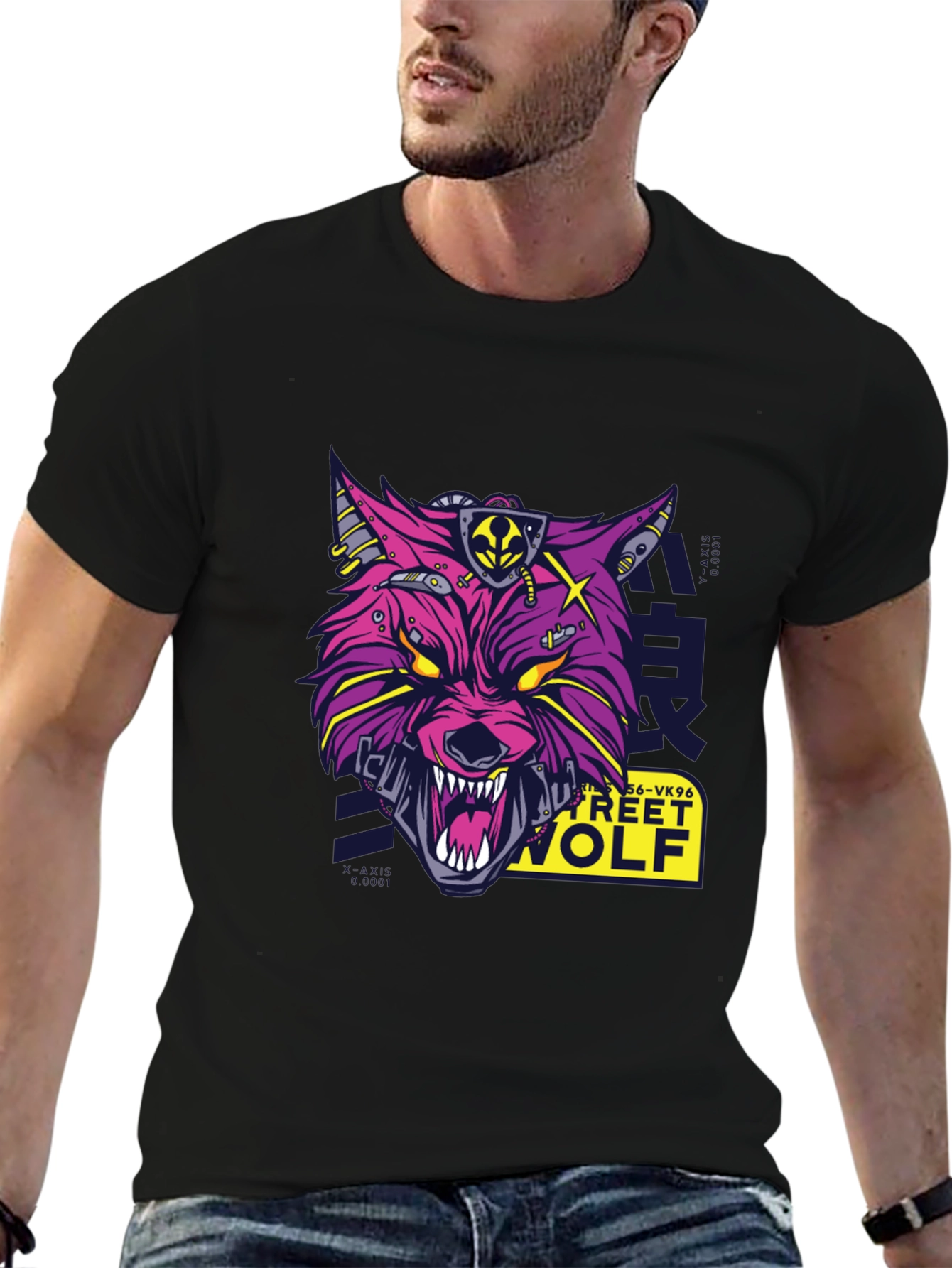 Cyberpunk Street Wolf Graphic T-Shirt - Black Cotton Tee