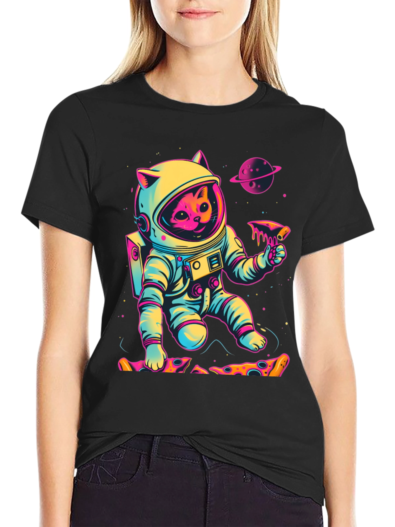 Cosmic Cat Pizza T-Shirt - Space Explorer