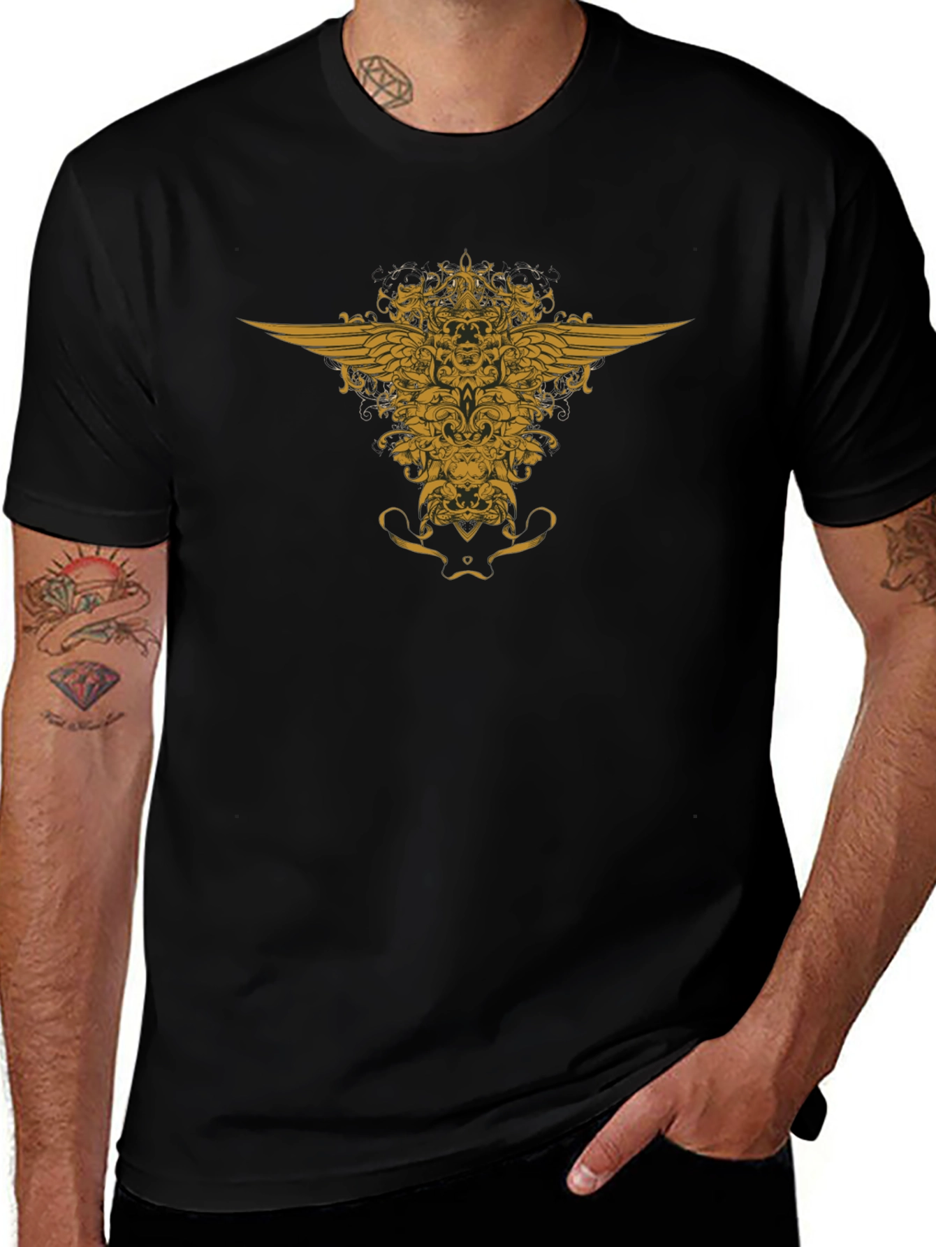 Black T-Shirt with Golden Winged Crest Design