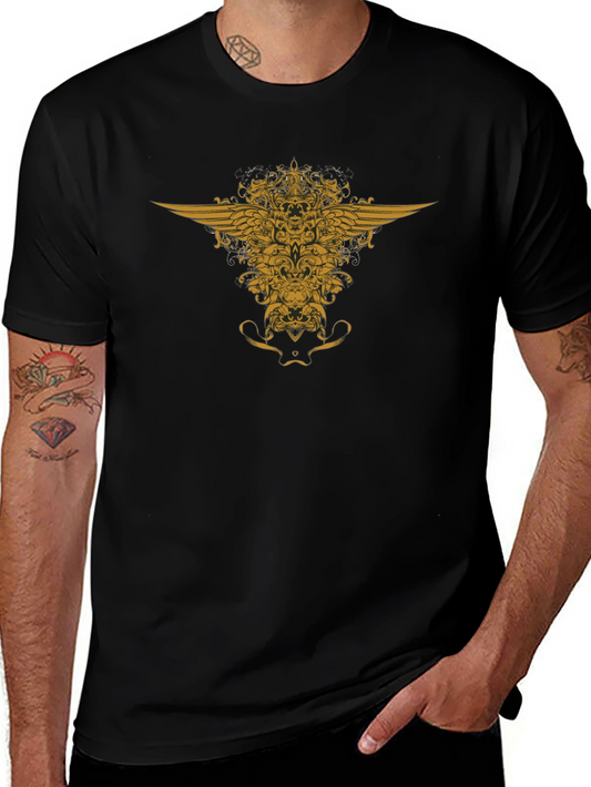 Black T-Shirt with Golden Winged Crest Design