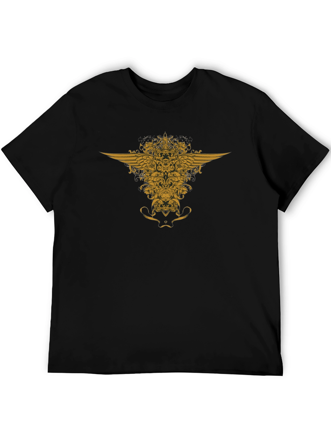 Black T-Shirt with Golden Winged Crest Design