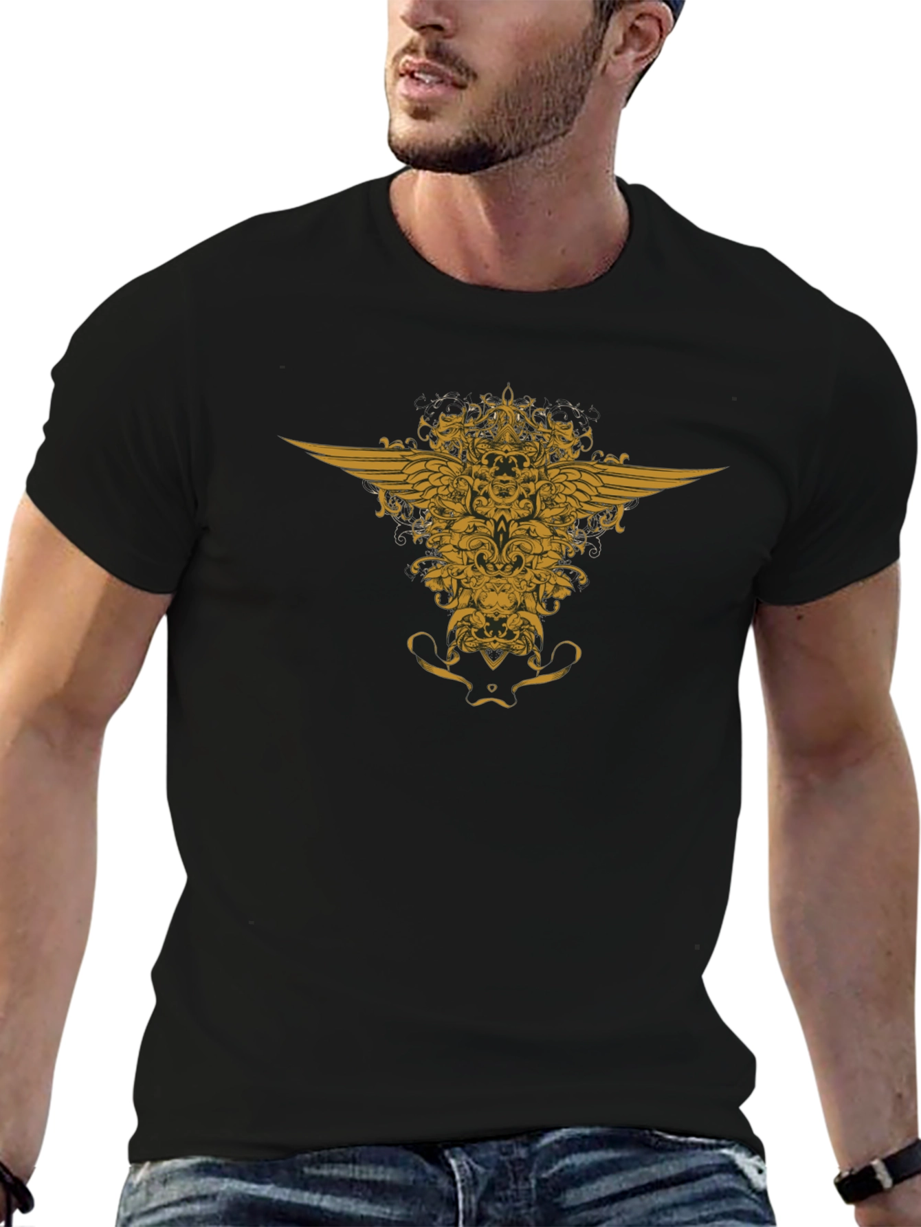 Black T-Shirt with Golden Winged Crest Design