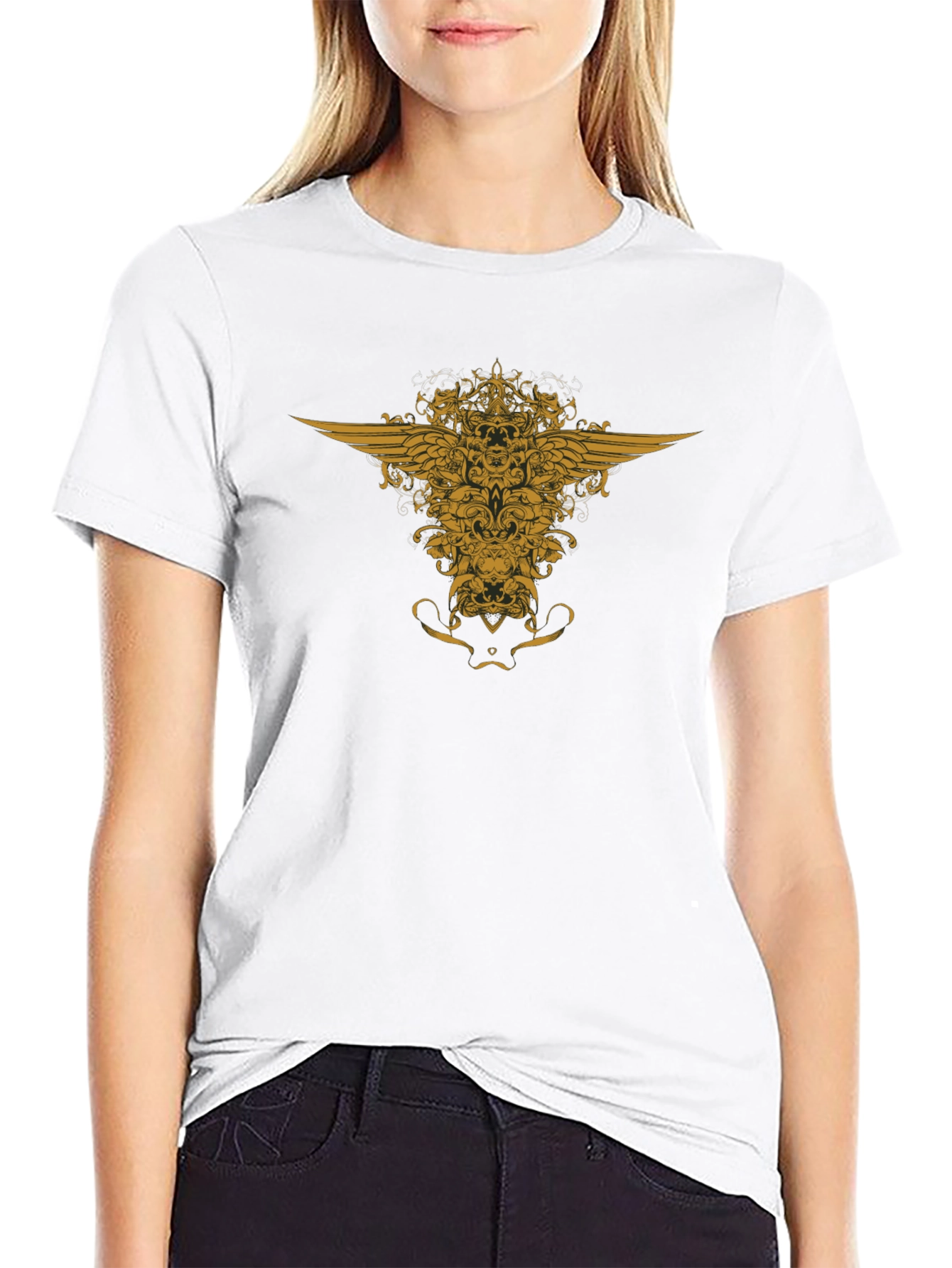Black T-Shirt with Golden Winged Crest Design